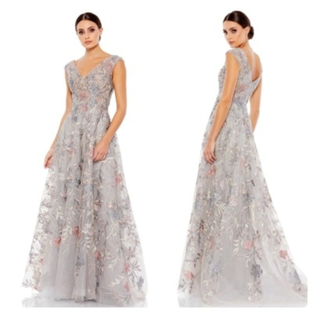 Max Duggal Floral Embroidered Evening Gown 20263 Silver Gray Embroidery